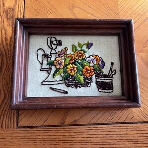 Vintage Floral Crewel Embroidered Wall Art in Wooden Frame